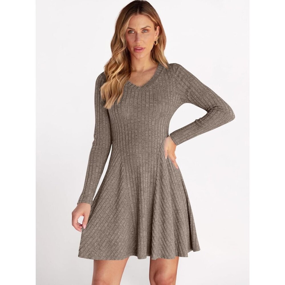 Women's Long Sleeve Ribbed Short Dresses V Neck Swing Sweater Dress Ash Brown - Picture 7 of 7
